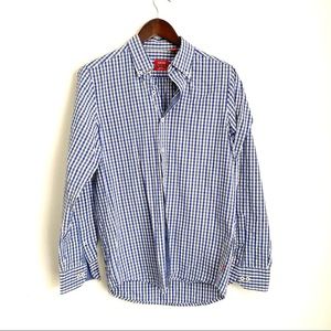 IZOD Mens Small Slim Fit Blue Plaid Long Sleeve Button Up Shirt LL9